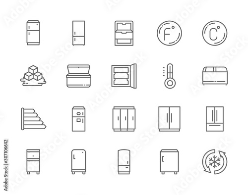 Set of Fridge Line Icons. Thermometer, Freezer, Refrigerator, Ice Cubes and more