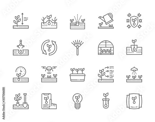 Set of Planting Line Icons. Weed Control, Rake, Greenhouse, Agriculture and more