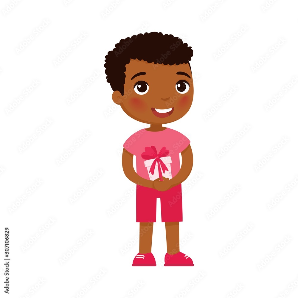Little boy holding festive gift box flat vector illustration. Dark skin kid with Valentines Day, Birthday present. Smiling kid character with surprise. February 14 holiday isolated design element Little boy holding festive gift box flat vector illustration. Dark skin kid with Valentines Day, Birthday present. Smiling kid character with surprise. February 14 holiday isolated design element