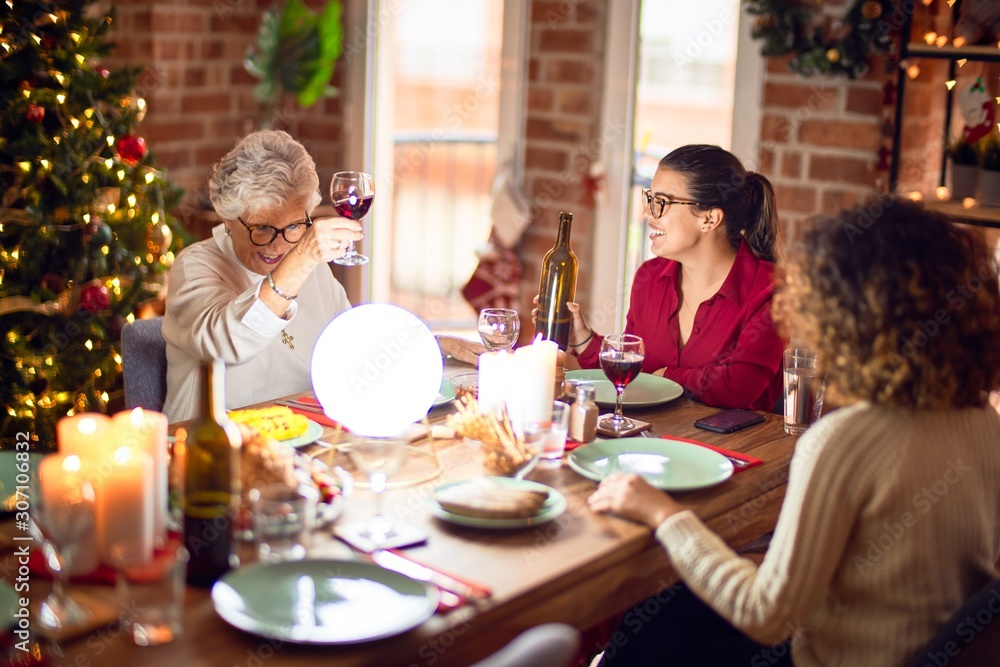 Beautiful group of women smiling happy and confident. Eating roasted turkey and serving wine on cup celebrating christmas at home Beautiful group of women smiling happy and confident. Eating roasted turkey and serving wine on cup celebrating christmas at home