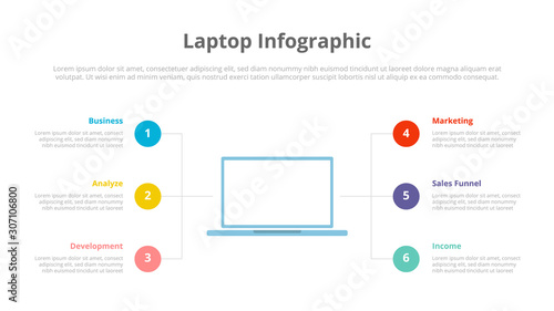 laptop or computer infographic with 6 six points of description for slide template presentation - vector