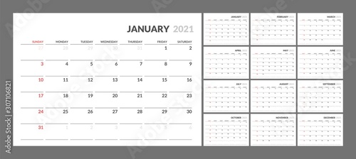 Wall calendar for 2021 year in clean minimal style. Corporate design planner template. Week Starts on Sunday. Set of 12 Months. Ready for print.