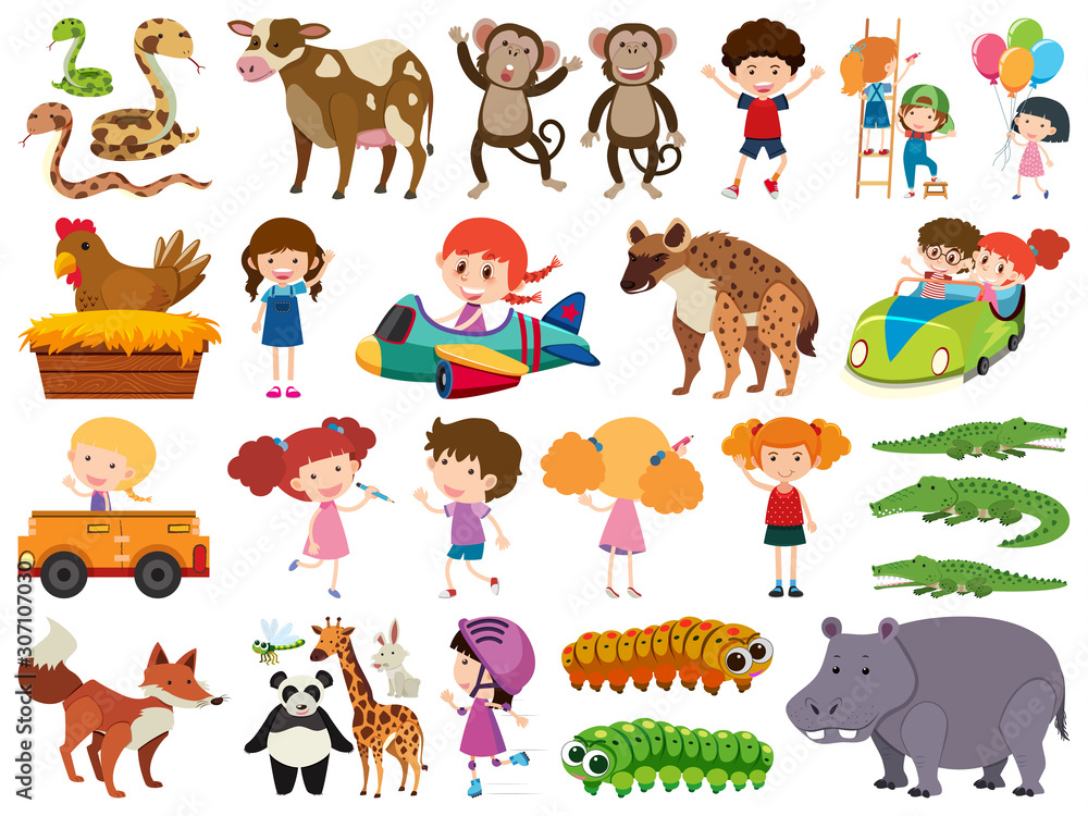Set of isolated objects of animals and children