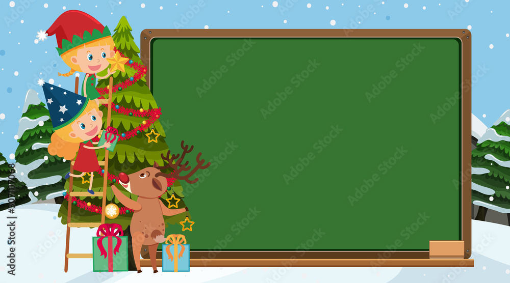 Border template with elf and reindeer in the snow Border template with elf and reindeer in the snow