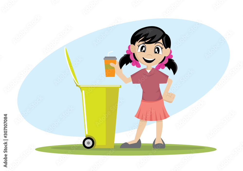 Girl Put Plastic Waste In Recycling Garbage Bin. Girl Put Plastic Waste In Recycling Garbage Bin.