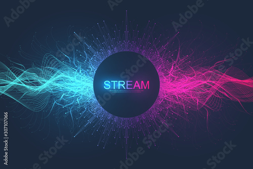 Fotografia Abstract dynamic motion lines and dots background with colorful particles