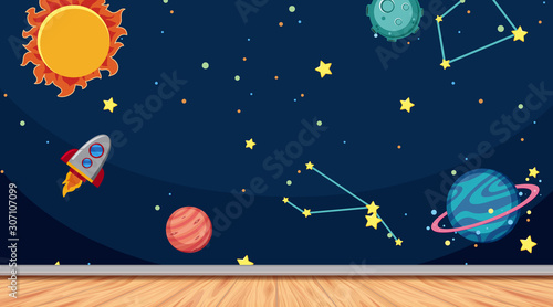 Room with space wallpaper and wooden floor