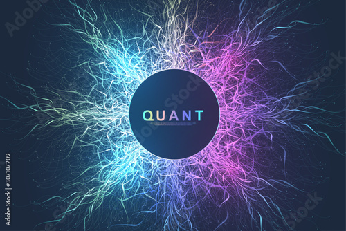 Quantum computer technology concept. Deep learning artificial intelligence. Big data algorithms visualization for business, science, technology. Waves flow, dots, lines. Quantum vector illustration.