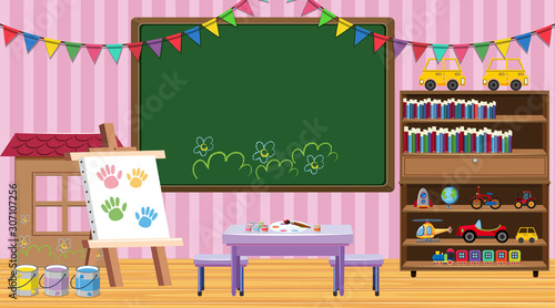 Classroom scene with chalkboard and bookshelf