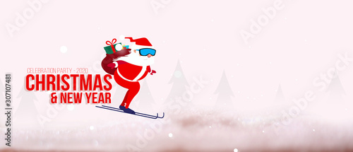 Merry Christmas! Happy New Year greeting card with copy-space. Santa Claus in Winter background