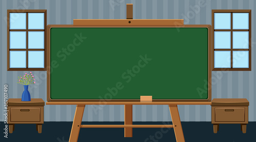 Room with chalkboard and drawers