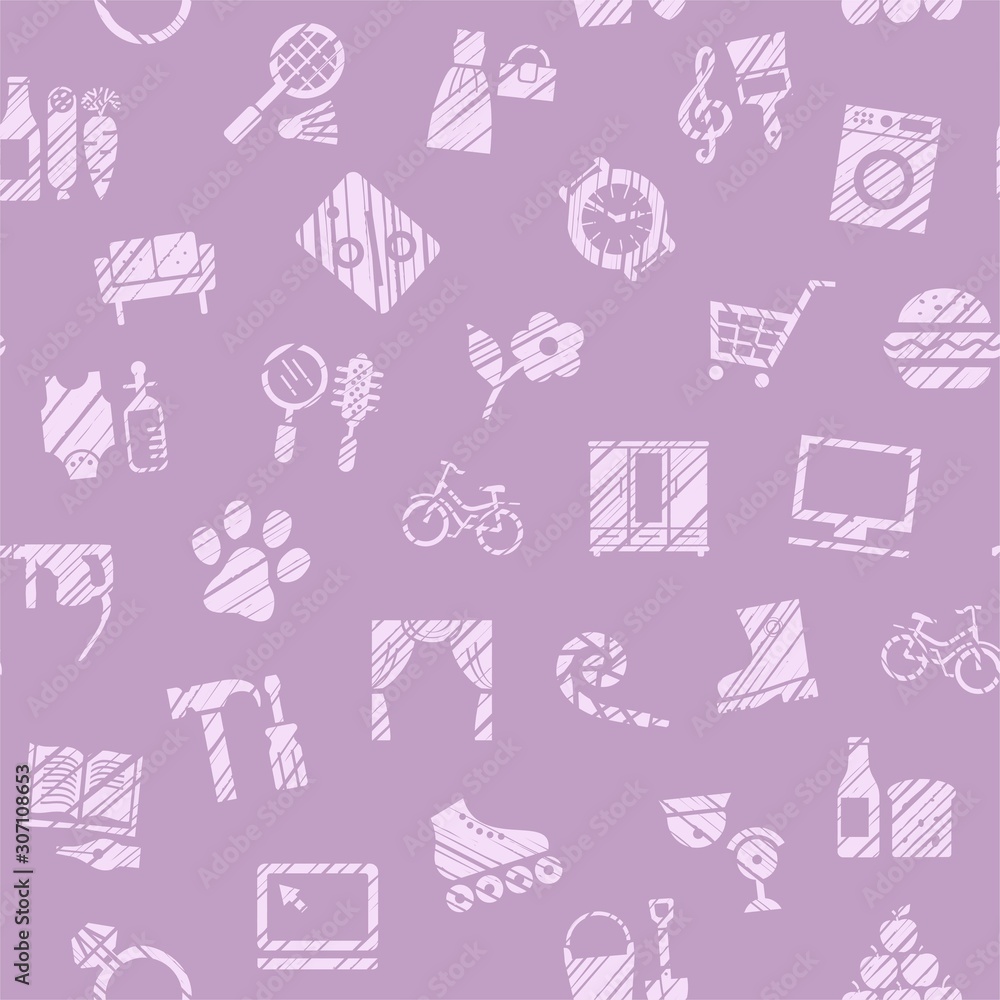 Shops, seamless pattern, color, hatching, lilac, vector. Different product categories. Imitation of pencil hatching. Lilac icons on a lilac field.   
