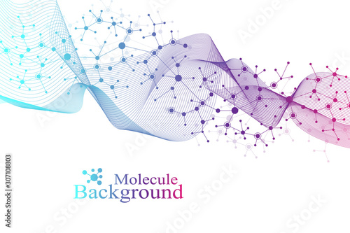 Big Genomic Data Visualization. DNA helix, DNA strand, DNA Test. CRISPR CAS9 - Genetic engineering. Molecule or atom, neurons. Abstract structure for Science or medical background, banner. Wave flow. photo
