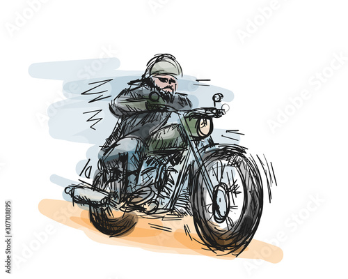 Biker motorcycle with powerful motor on speed road. Fast moto vector illustration. Hand drawn paint art for print template.