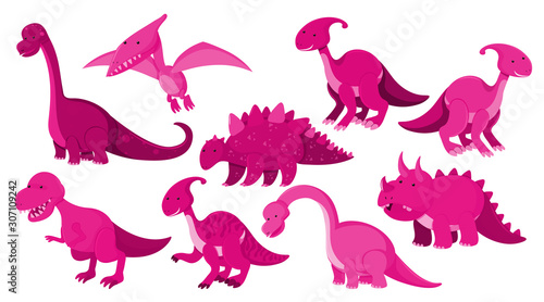 Large set of different types of dinosaurs in pink