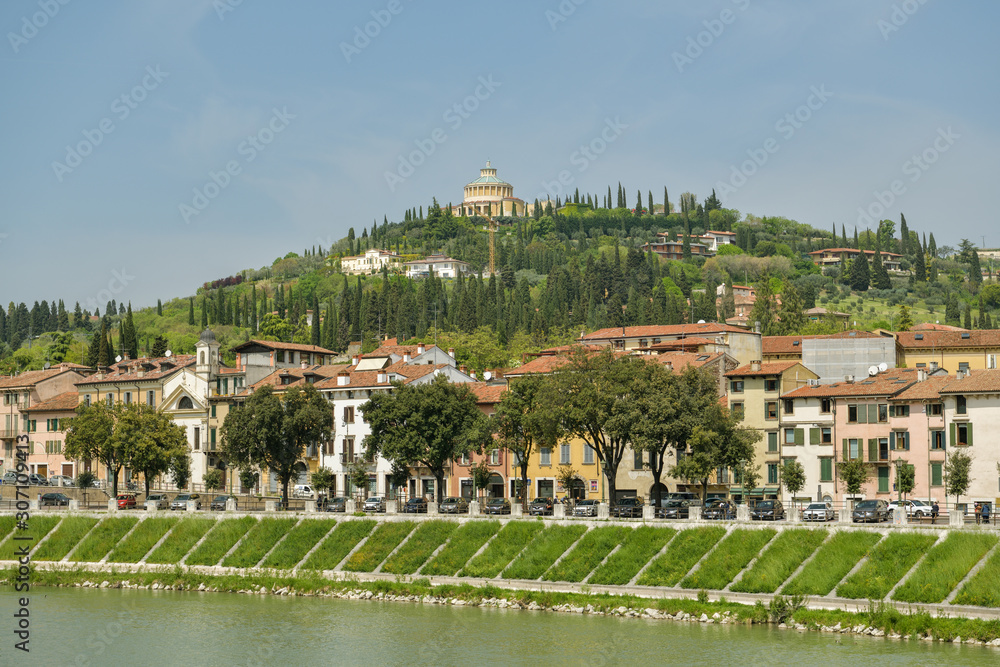 Hilltop church & sanctuary above Adige river in city of Verona, Italy