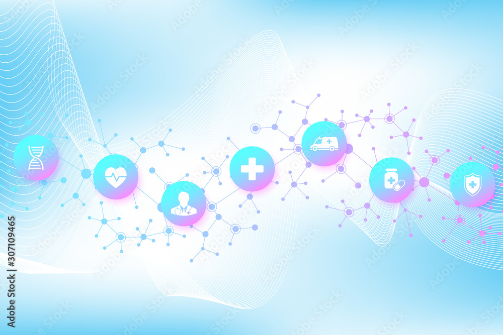 Abstract health care banner template with flat icons. Healthcare medicine concept. Medical innovation technology pharmacy banner. Vector illustration Abstract health care banner template with flat icons. Healthcare medicine concept. Medical innovation technology pharmacy banner. Vector illustration