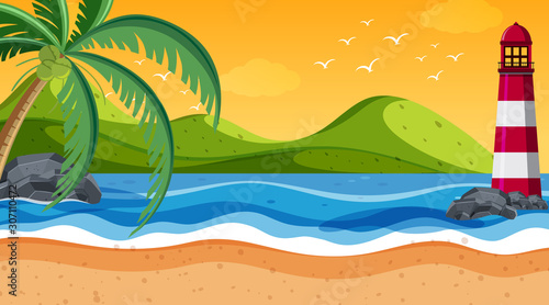 Nature scene with lighthouse by the shore