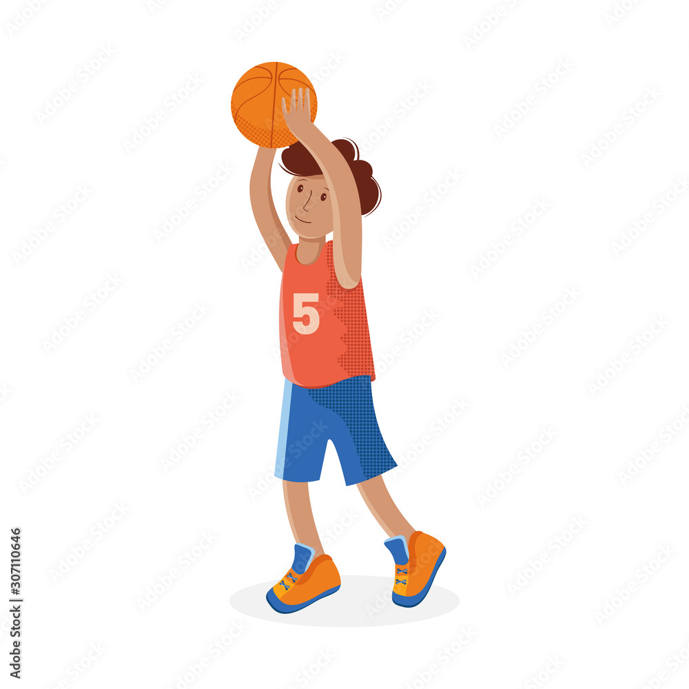 Boy basketball player with the ball. Small child plays basketball. Colorful cartoon illustration in flat vector. Children s sport. Sports team games. Healthy Lifestyle.