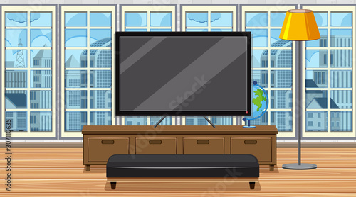 Scene with big TV and seat in the room