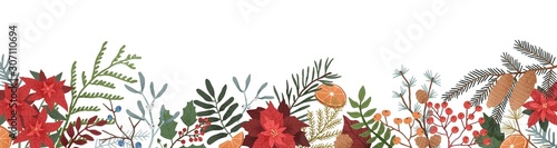 Winter season botanical flat vector illustration. Leaves and branches of poinsettia, mistletoe, spruce and conifer cones composition on white background. Festive christmas backdrop.