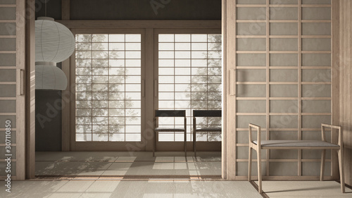 Empty open space with mats tatami and futon floor, plaster walls, wooden roof, chinese paper doors, chairs with lamps, lounge room, window with zen garden shadows, meditation room photo
