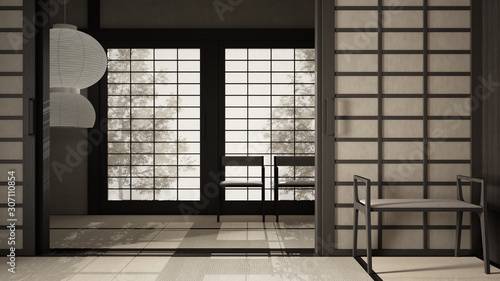 Empty open space, mats, tatami and futon floor, gray plaster walls, wooden roof, chinese paper doors, chairs with lamps, lounge room, window with zen garden shadows, meditation room