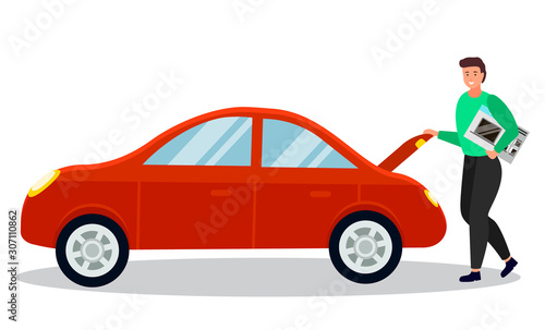 Man going home from shopping. Male putting microwave oven in back of vehicle. Character with new appliance for house. Shopping personage standing by automobile ready to go away. Vector in flat