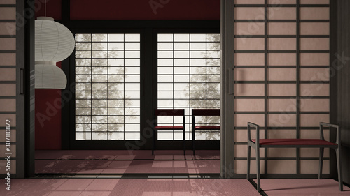 Empty open space, mats, tatami and futon floor, red plaster walls, wooden roof, chinese paper doors, chairs with lamps, lounge room, window with zen garden shadows, meditation room