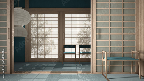 Obraz na plátně Empty open space, mats, tatami and futon floor, blue plaster walls, wooden roof,