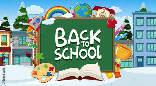 Back to school sign with school items at school