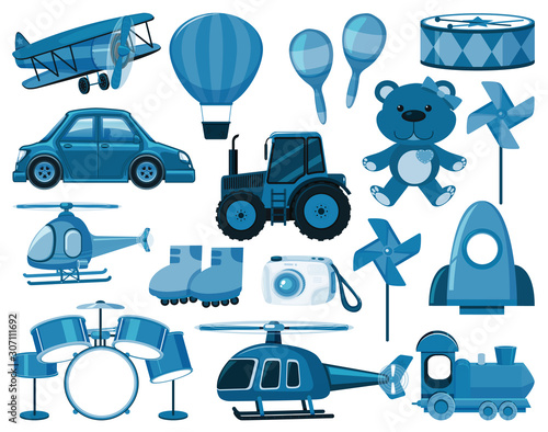 Large set of blue toys and other objects