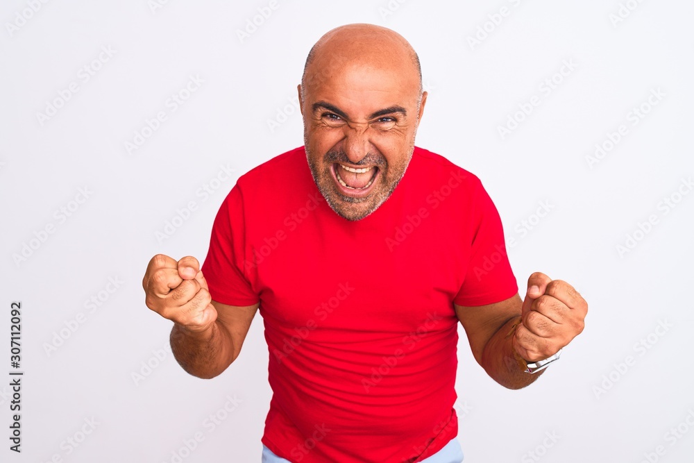 Middle age handsome man wearing red casual t-shirt standing over isolated white background very happy and excited doing winner gesture with arms raised, smiling and screaming for success. Middle age handsome man wearing red casual t-shirt standing over isolated white background very happy and excited doing winner gesture with arms raised, smiling and screaming for success.
