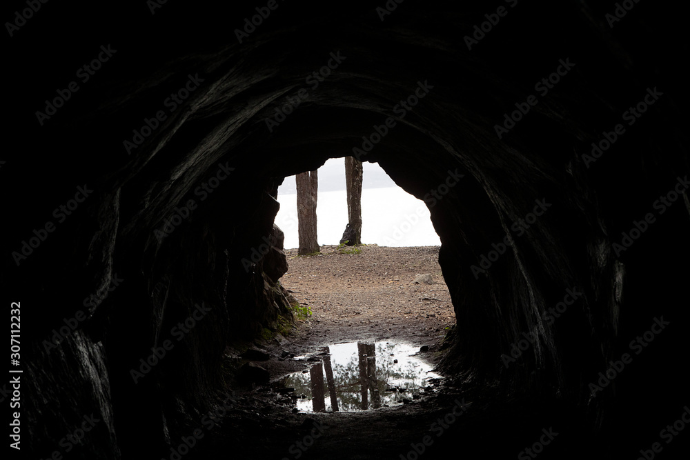 Mysterious Exit from a cave. Light at the end of the tunnel, visible tree trunks. Reflections in the water. Exploration concept. Cave corridor.
