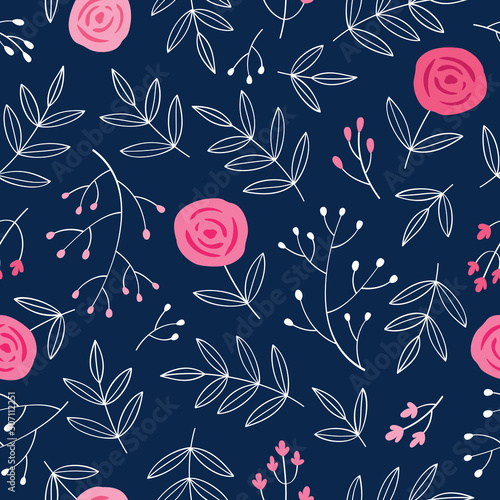 Simple floral seamless pattern with hand drawn cute flowers and leaves for textile, wallpapers, gift wrap and scrapbook. Dark blue background. Vector.