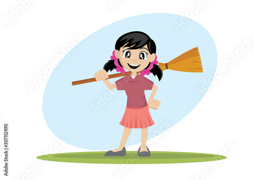 Girl holding a broom.