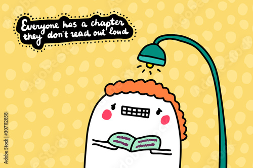 Everyone has a chapter they don't read out loud hand drawn vector illustration in cartoon comic style man shy holding book