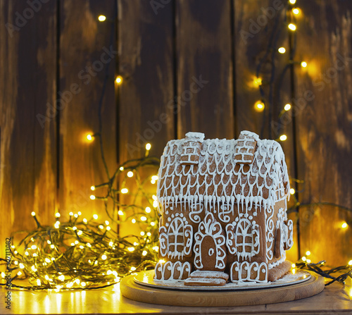 gingerbread house and Christmas lights photo