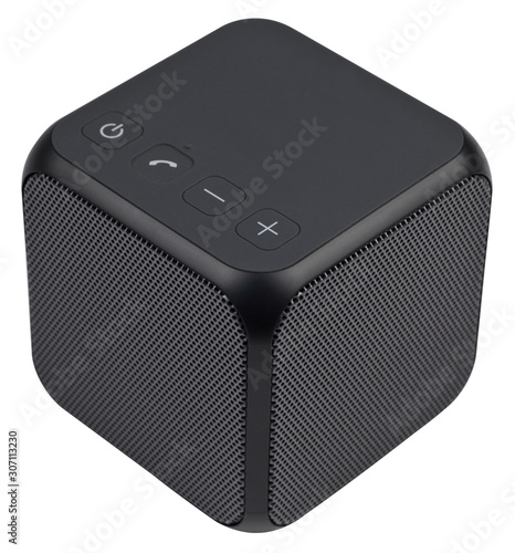 Plakat Black wireless portable bluetooth speaker, isolated on white background.