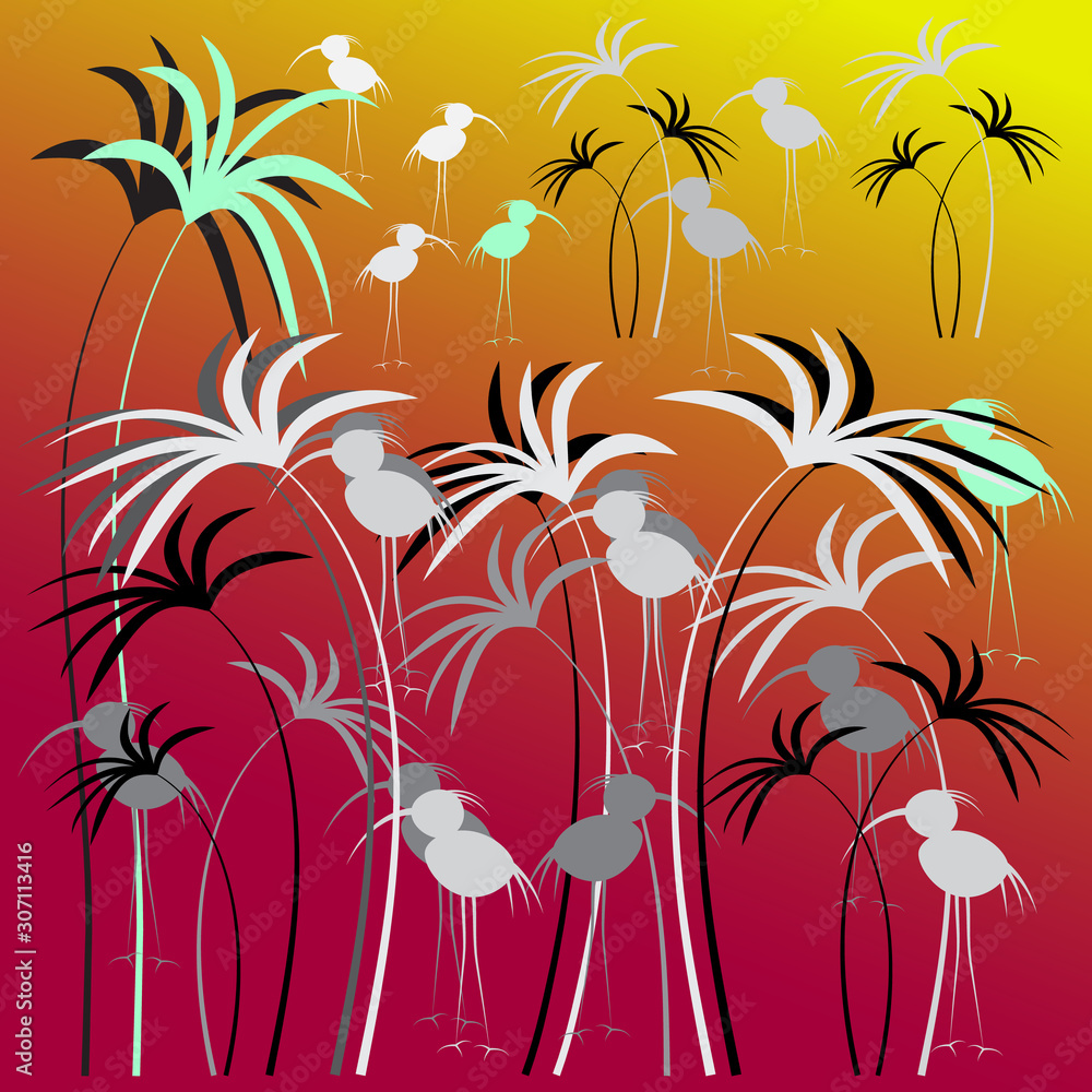 exotic birds in the forest. abstract vector illustration.