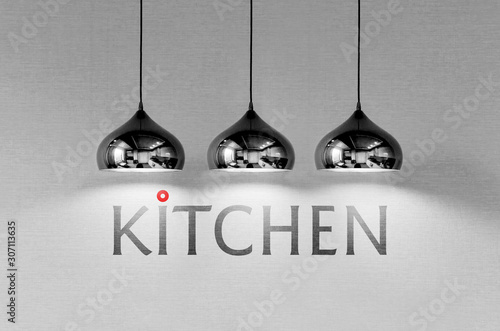 kitchen illustration with modern lamp on a background of wall