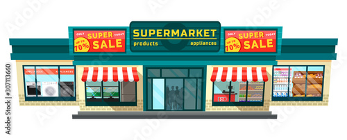 Super sale in supermarket on products and appliances. Discounts on TV set and washing machine, stove and fridge. Grocery store with food. Big building with store isolated on white. Vector illustration