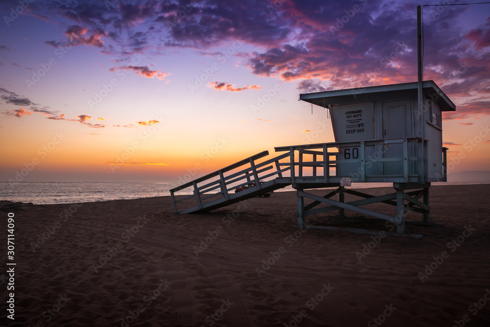 Lifeguard Tower on the Beach at Sunset