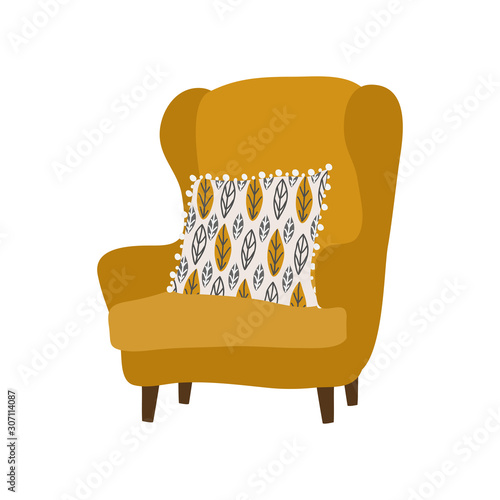 Isolated scandinavian style large soft armchair and pillow with pattern. Cute vector hand-drawn illustration