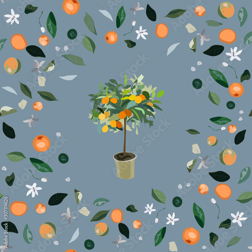 Seamless pattern with leaves, inflorescences and fruits orange tree on a light beige background. Potted house plant vector illustration.