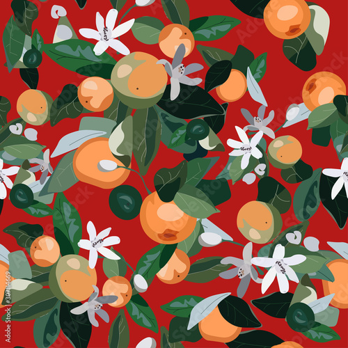 Seamless pattern with leaves, inflorescences and fruits orange on a red background. Vector illustration green-blue colors with plants. EPS 10