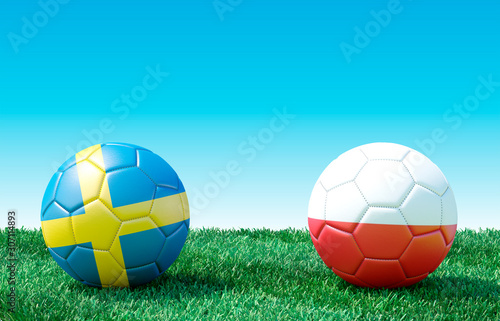 Two soccer balls in flags colors on green grass. Sweden and Poland. 3d image