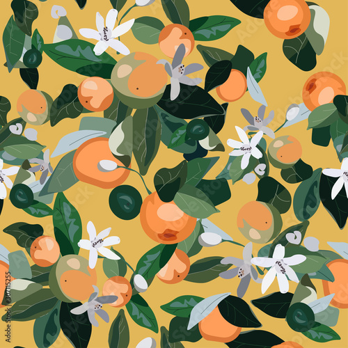 Seamless pattern with leaves, inflorescences and fruits orange on a yellow background. Vector illustration green-blue colors with plants. EPS 10