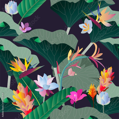 Fototapeta Naklejka Na Ścianę i Meble -   Seamless pattern. Exotic aquatic and tropical flowers with large green leaves on a dark blue background. Vector illustration. Picture saturation color with lilies and strelitzia.