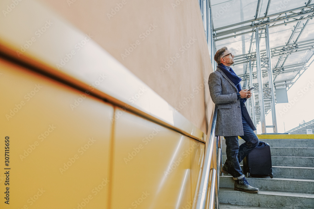 Elegant gentleman with cellphone standing on steps